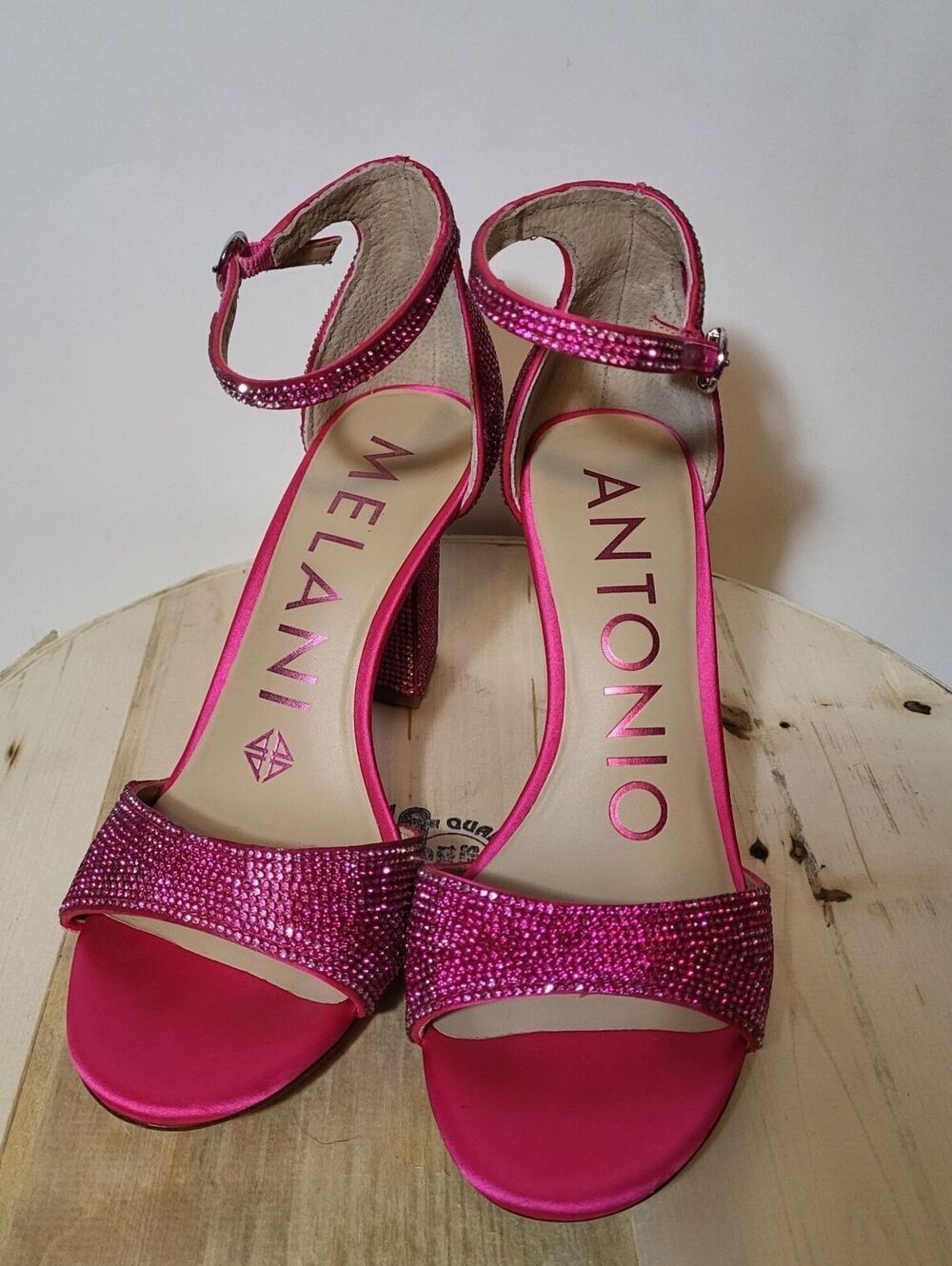 Antonio Melani Pink Rhinestone Block Heel Sandals Women’s 7.5M Ankle Strap